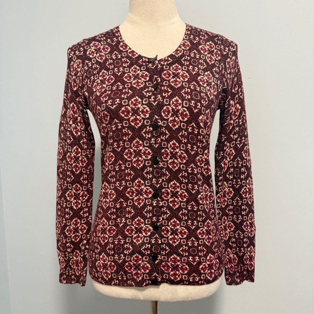 Talbots Geometric Print Metallic Shimmer‎ Button Down Burgundy Cardigan Size XS